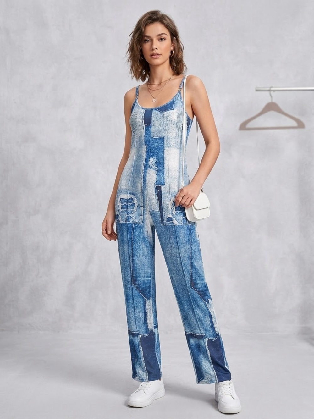 SHEIN Blue Patchwork-Print Denim-Look Wide-Leg Overalls